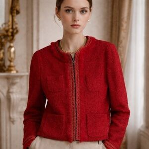 Dstudio Canada Tweed Bomber Jacket Fur Fringe Lace Circle Neck Sz 10 In Red